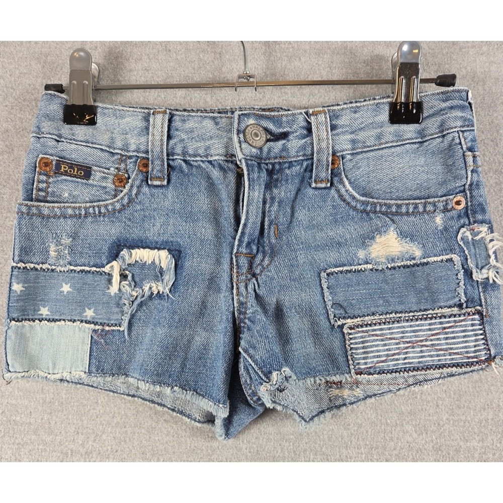 Polo Ralph Lauren Girls 7 Jean Shorts Blue Patchwork Distressed Denim Boho